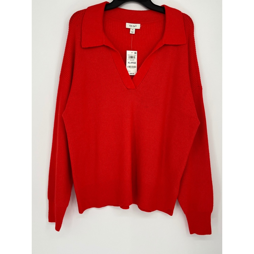 On 34th Ribbed V-Neck Polo Chunky Sweater Women XL Orange Preppy Collegiate Cozy